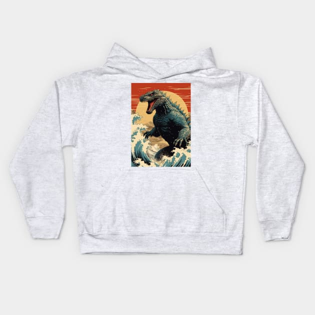 Wave and Godzilla Kids Hoodie by 2ToastDesign